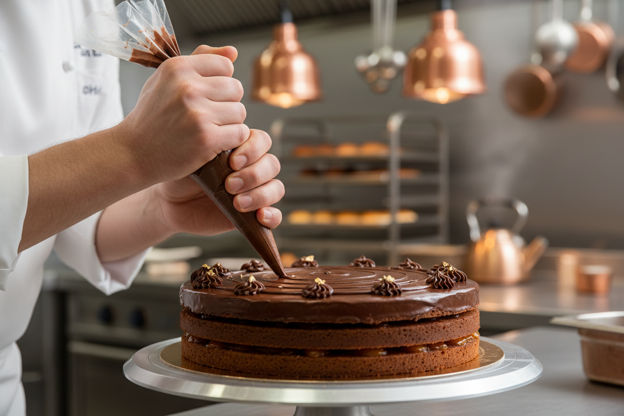 Baker decorating Austrian torte